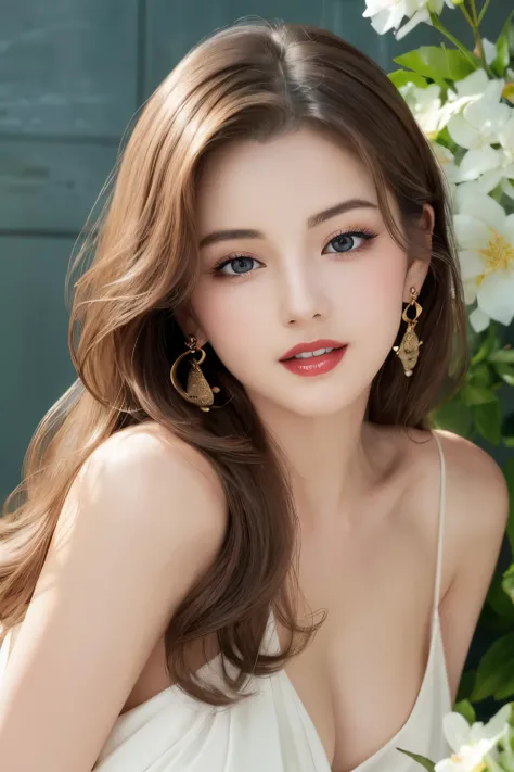 Beautiful black and brown medium hair realistic girl、18 year old girl、very sexy and realistic photos、from the chest up、Angle that emphasizes the face、Focus on the face、Ethereal beauty, Shiny beautiful hair、waves of long hair cascade down her shoulders, ((d...