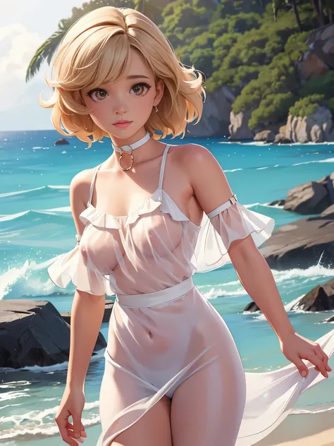 1girl,highres,  high quality,  masterpiece,  bare shoulder, brown eyes, clingy wet white dress, synthetic white see-through transparent dress, perky breasts, choker, beach, julia garner