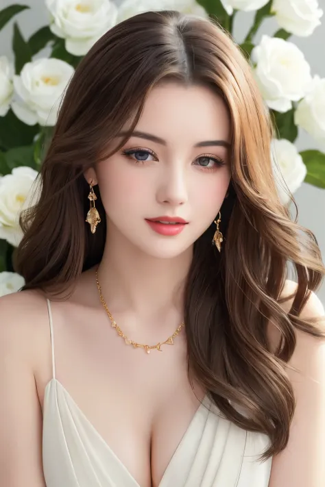 Beautiful black and brown medium hair realistic girl、18 year old girl、very sexy and realistic photos、from the chest up、Angle that emphasizes the face、Focus on the face、Ethereal beauty, Shiny beautiful hair、waves of long hair cascade down her shoulders, ((d...