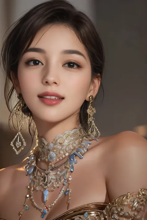 (A real woman ), Cute ,  woman with necklace and earrings,  luxury decoration , 若く beautiful woman, Joyful expression,  Bright Atmosphere , High quality details, Amazing appeal ,  beautiful woman , A gentle gaze,  Beautiful Detailed Body and Face ,  black ...