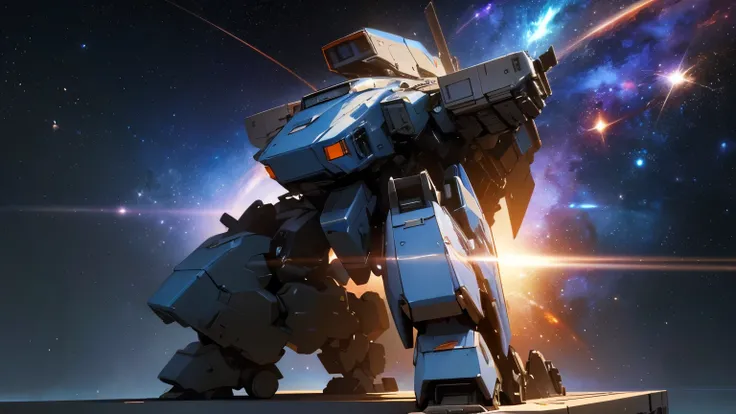 (The combat mech is huge., Realistic, Realistic, Fully visible on front and back, Lots of specific details,  Very three-dimensional  : 1.2, The details of the ,  concept art , The color combination is amazing,  cab that can travel freely through space are ...