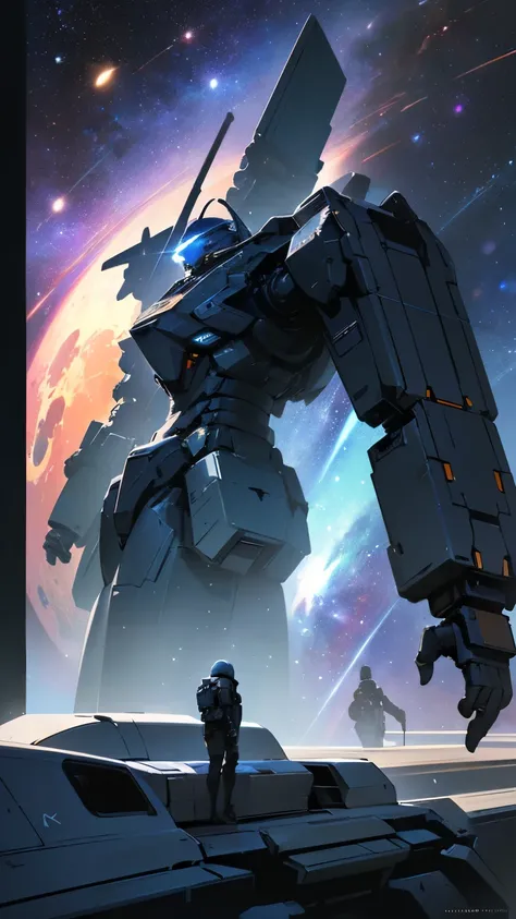 (The combat mech is huge., Realistic, Realistic, Fully visible on front and back, Lots of specific details,  Very three-dimensional  : 1.2, The details of the ,  concept art , The color combination is amazing,  cab that can travel freely through space are ...