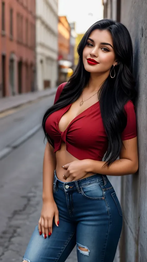 Beautiful 19-year-old girl wearing earrings and wearing red lipstick with long black hair and brown eyes wearing short blouse and high-waisted jeans showing her belly button half chubby 
 