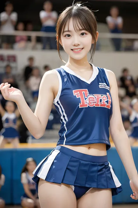 top-quality、​masterpiece、hight resolution、4K、16years old、cheer girl、cheerleaders、a miniskirt、a smile、Hairstyle is ponytail、1girl in、sleeveless ,underwear for a cheer girl, dynamic poses ,(cute poses:1.3) ,(bokeh:1.2),Shallow depth of field,(underwear for c...