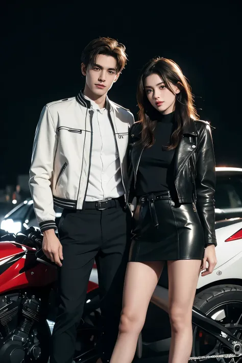 Modern. a man wearing a school uniform with a leather jacket . Elegant couple, masculie man and beautiful girl. side by side position   , look at each other affectionately , women wearing casual clothes,   the womans waist ,Dark hair color. Very deatiled f...