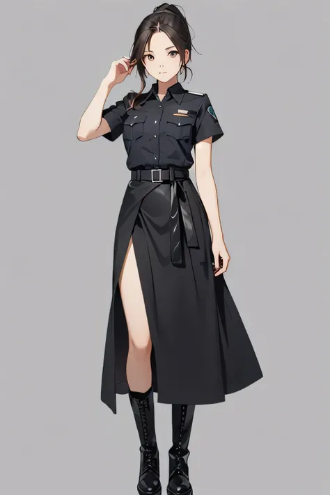 beautiful security guard，Insert your left hand at the waist，Full body standing，Upper body，Leather skirt for lower body，Military boots ， ponytail， blank background