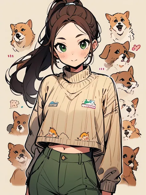 Alone,upperbody,brown hair,long ponytail,forehead,adult woman face,tall,deep green sweater,beige long pants, Dog Walk 、Lead、Dachshund、(manga style),(sketch),(illustration),