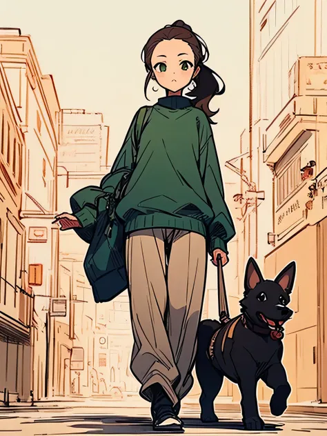 Alone,brown hair,long ponytail,forehead,adult woman face,tall,deep green sweater,beige long pants, Dog Walk 、Lead、Dachshund、Evening City、the way、(manga style),(sketch),(illustration),