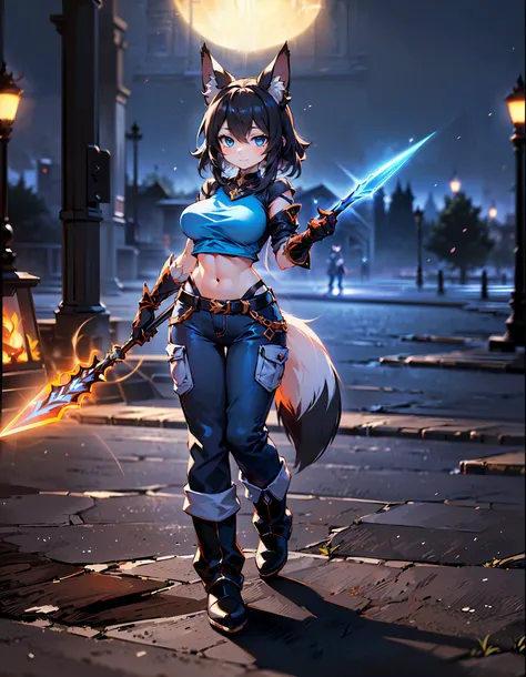 (best quality, ultra-high resolution, depth of field:1.2), (a cute fox girl with black hair and blue eyes with beautiful breasts...