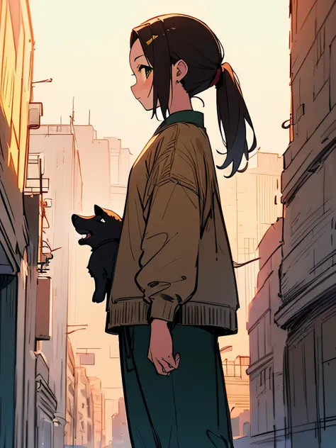 sideview,Alone,brown hair,long ponytail,forehead,adult woman face,tall,deep green sweater,beige long pants, Dog Walk 、Lead、Dachshund、Evening City、the way、(manga style),(sketch),(illustration),