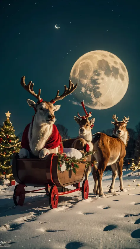 merry christmas, santa claus, reindeer, sleigh, moon, background green and red