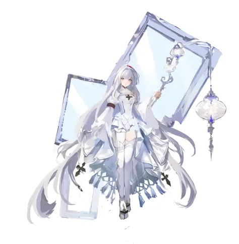 anime girl with long white hair and white dress holding a mirror, white haired deity, official character art, ethereal anime, official art, official artwork, official character illustration, azur lane style, cushart krenz key art feminine, detailed key ani...