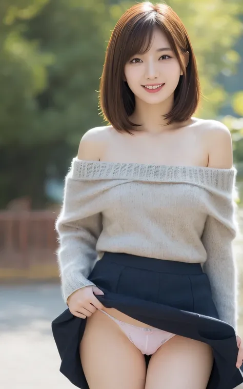 (High-resolution CG Unity 8K wallpaper, highest quality, ultra-detailed hands, masterpiece, real, ((off-shoulder knit: 1.2)), (photoreal), high-resolution cute girl, 20 years old, (((skirt by yourself) Please try to raise it))), (Please raise it yourself),...