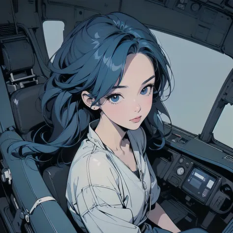 illustrator、anime、sketch、Simple colors、monochromatic、No Shading、(((masterpiece, Highest quality)))、(((32K Wallpapers)))、(((A woman sits in the cockpit of a fighter)))、(((Flat Chest)))、head shot、((((More angles))))、(((Perfect Face)))、Detailed Hair、Blue Hair