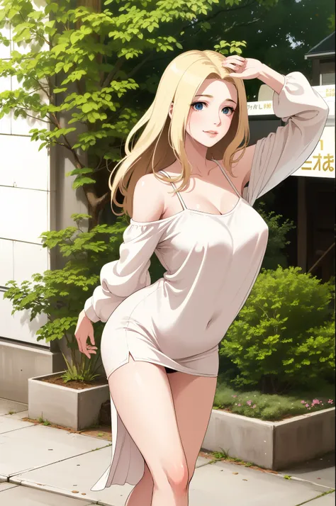 A single extremely beautiful, cute woman, with gold blonde hair tied with a ribbon, big green-blue eyes, extremely fair white skin, plump red glossy lips, and a plain slim thin body, wearing a simple long foot-length white floral dress with spaghetti strap...