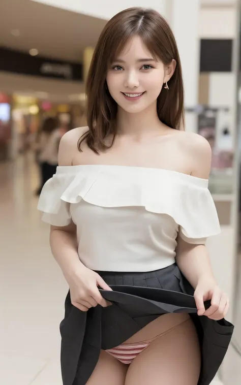 (High resolution CG Unity 8K wallpaper, top quality, super detailed hands, masterpiece, real, ((off shoulder blouse: 1.2)), (photoreal), high resolution cute girl, 20 years old, (((skirt) myself Please try raising it))), (Try raising it yourself), Anatomic...