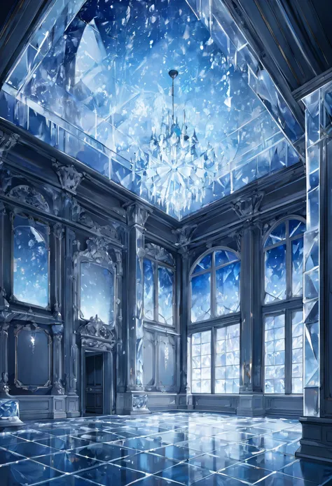 European room made of ice at night