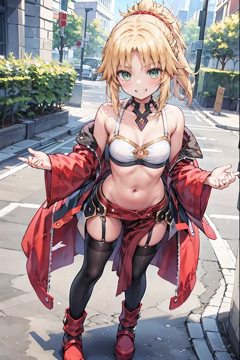 best quality, integrated scenery, integrated background, extremely delicate and beautiful, meticulous details, good composition, cute face, perfect face, perfect hands ,Masterpiece, Best Quality, illustration, city street, 1girl, Mordred (fate), collarbone...