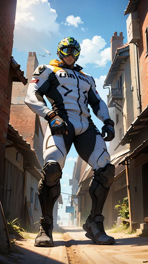 ( full body),  a man in a full motocross suit , Helmet on, A giant,  towering above a tiny town, lifting your leg, to stomp 