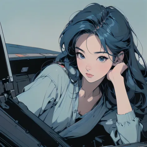 illustrator、anime、sketch、Simple colors、monochromatic、No Shading、(((masterpiece, Highest quality)))、(((32K Wallpapers)))、(((A woman sits in the cockpit of a fighter)))、(((Flat Chest)))、head shot、((((More angles))))、(((Perfect Face)))、Detailed Hair、Blue Hair