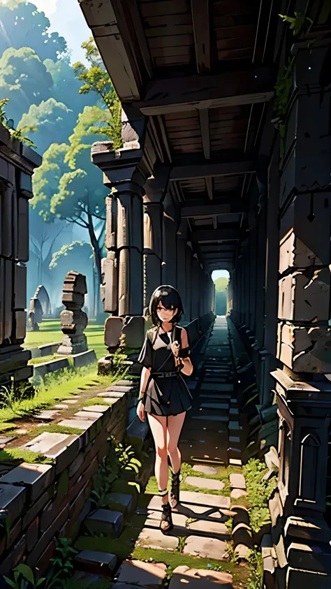 (ancient city ruins:1.2)、 best quality,  ultra high resolution with forest background,  girl,  black short hair ,  (explore anci...