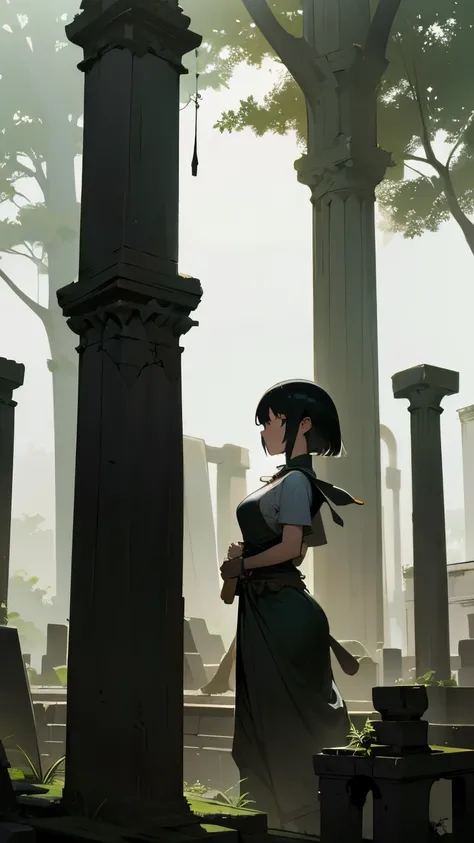 (Ancient City Ruins:1.2)、 best quality,  ultra high resolution with forest background,  girl,  black short hair ,  (Explore ancient ruins:1.2)、wallpaper、8k、