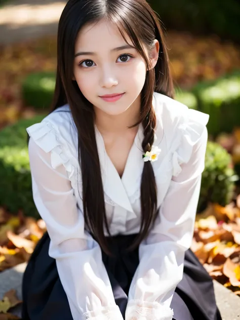 (Best-quality, Masterpiece, Ultra-High-Resolution, (Photorealistic:1.4), Raw Photo, depth of field, professional lighting, perfect anatomy, extremely details), (1girl, ((14-years-old)), (the most famous Japanese-idol), ((sitting on many fallen-leaves))), (...