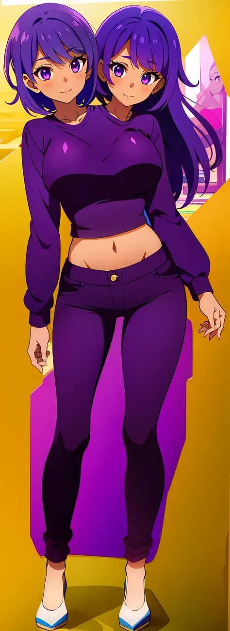 (masterpiece),(ultra-detailed), (high quality), (high resolution), best quality:1.5, UHD, 4K), best quality, masterpiece, 4k, ((2heads:1.5)) a cartoon two headdd girl with purple hair and a purple shirt, dark violet hair, cel shaded!!!, purple eyeshadow, s...