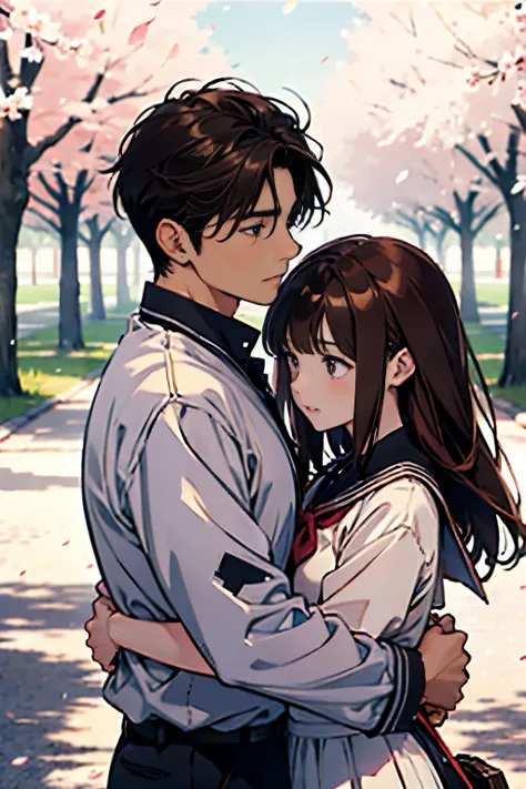 In the cherry blossom blizzard 、Grass Square、Small hill、 A man is hugging a woman、A man who gently looks at a woman、 school uniform、Brown Hair、 dark eyes、Womens hair is semi-long