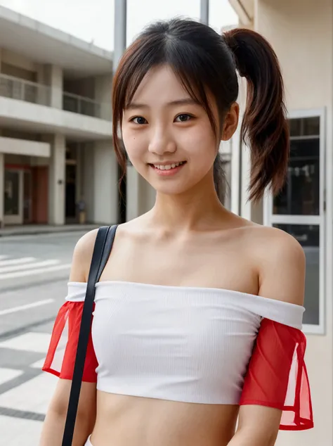 Japanese female elementary school student  face too thin red see-through shirt off-shoulder shopping mall smile ponytail