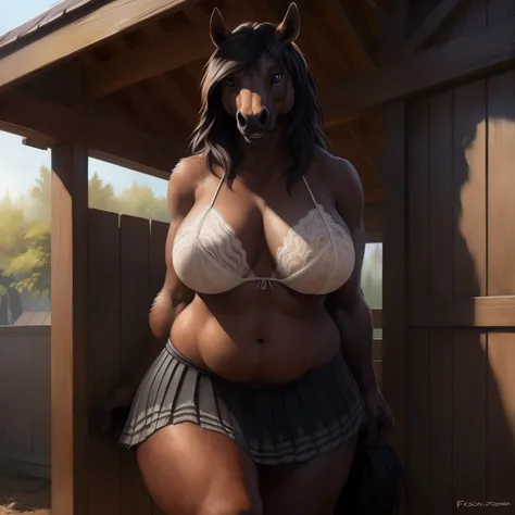 solo, clove up view, fence wall, dirt, trees, ultra detailed), a beautiful and detailed full size portrait of a female brown anthro horse, stallion, , shrink body, , , long hair, fur, black body, black skin, non-mammal breasts, looking at viewer, blue eyes...