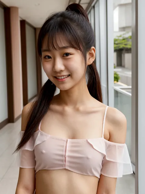 Japanese female elementary school student  face too thin red see-through shirt off-shoulder shopping mall smile ponytail