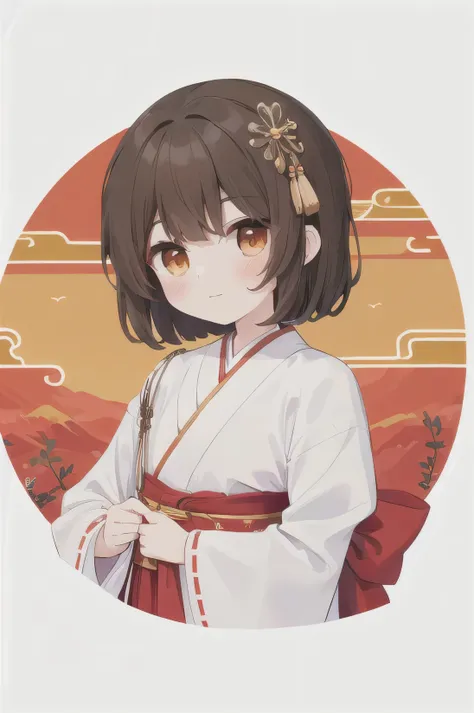 ( better quality : 1.5)( best illustration )( best resolution : 1.2)(cute: 1.1)  girl , short dark brown hair, orange eyes, light skin,  slim build , dressed in traditional white hanbok with red details.