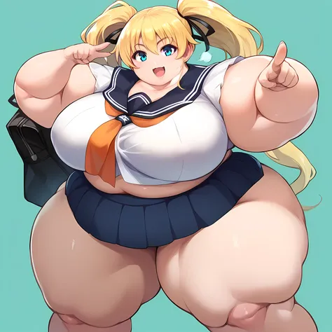 score_9, score_8_up, score_7_up, source_anime, 1girl, blue eyes, smile, simple background, blonde hair, huge breasts, thick thighs, wide hips, school uniform, serafuku, pointing to viewer, looking at viewer, smile, dynamic pose, long hair, twintails, black...