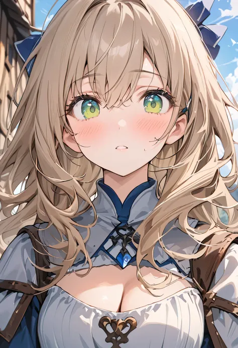 
((Masterpiece)), ((Masterpiece_portrait)), ((Best_qulity)), (unexposed), highres, distinct, distinct_image, hyper_detail, (detailed_face : 0.8), novel illustration, 1girl, solo, light_brown_hair, long_hair, (Wavy_hair : 0.3), sky_blue_hair_ribbon, green_e...