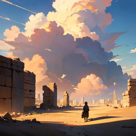 Ruins of an ancient city, desert, dust, a wanderer, oasis, strong sunlight, blue sky, cumulonimbus clouds,