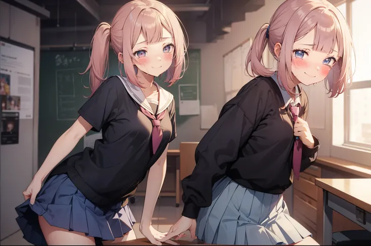 faded tone, cool school girl, 2 men, having sex with men, pink hair, bob hair, innocent girl, principles office, drooling, side half pony tail, (blunt bangs :1.6), (loli :1.6), light blue skirt, small breasts, (blushing :1.5) , cinematic, hair ornament, bo...