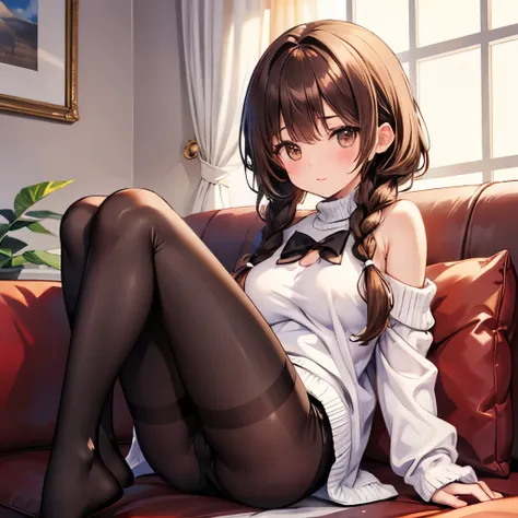 Cute white fluffy knit clothes with boobs, black pantyhose, whip, shyness, bright brown hair, single woman with short braids, sitting with legs spread out on a sofa showing her whole body