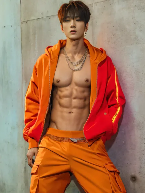 (Detailed face:1.3), 8k, photorealistic, best quality, (insanely detailed:1.3), navel piercing, Korean Pop Idol, very handsome Korean man, tattoos, very muscular, prominent veins, abs, very tall, (very tanned skin:1.3), bangs, red hair, short hair, looking...