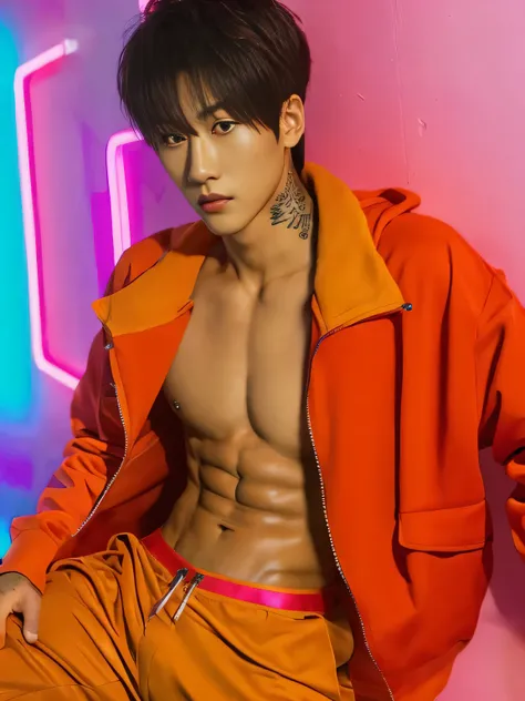 (Detailed face:1.3), 8k, photorealistic, best quality, (insanely detailed:1.3), navel piercing, Korean Pop Idol, very handsome Korean man, tattoos, very muscular, prominent veins, abs, very tall, (very tanned skin:1.3), bangs, red hair, short hair, looking...