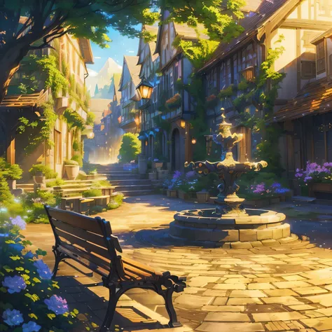 there is a bench sitting in the middle of a courtyard, background art, anime background art, town background, 8k high quality detailed art, relaxing concept art, background artwork, medeival fantasy town, scenery artwork, anime scenery concept art, fantasy...