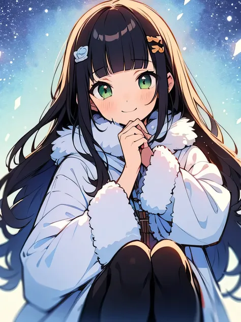 multiple faces,solo, upperbody, brown long hair, (blunt bangs), green eyes, white fur coat, black tights, boots, lovers atmosphere, blush, model pose,winter sky, night sky, stars, cute smile,aurora,(i am a main charactor:1.3), (manga style), (sketch), (ill...