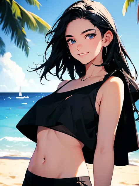 Shoulder-length black-haired girl, smiling, happy,  Big blue eyes,  short white short , black blouse, sleeveless, showing belly button,  medium breasts ,  on the beach, sunny,  shiny body, the flag, wet