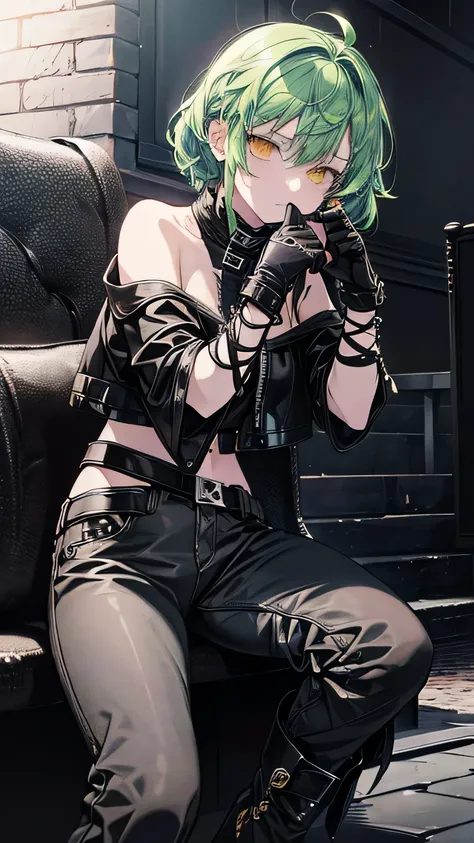 one girl， green hair， shortcuts，yellow eyes， black leather jacket， off shoulder，black leather pants，black finger cutting gloves ...