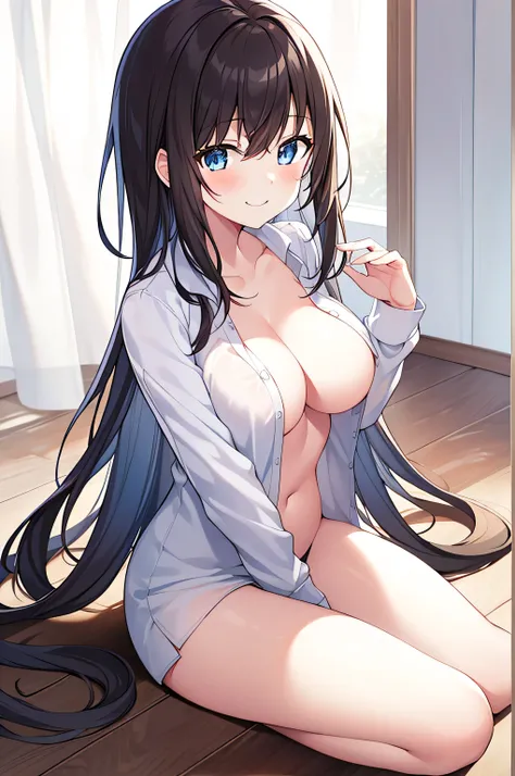  1 girl, nakaNo._future,   Unique , Scantily clad, ,  blue_ have eyes , brown_hair, Long_hair, hair_between_ have eyes , White_, _clothing, White_ Background and  , bedroom，floor，Watching_Shown in_ Use the following method to view viewerackground, shirt, s...