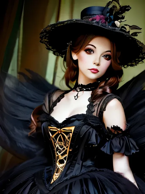  a woman in a black dress and hat, victorian gothic lolita fashion, victorian lady, an elegant gothic princess, rococo fashion, fantasy victorian art, rococo queen, rococo cyberpunk, wearing an ornate outfit, ornately dressed, rococo dress, intricate victo...