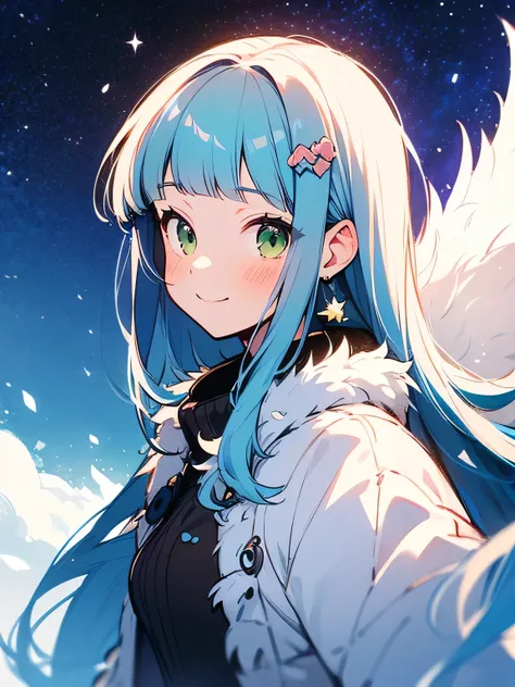 sideview,multiple faces,solo, upperbody, brown long hair, (blunt bangs), green eyes, white fur coat, black tights, boots, lovers atmosphere, blush, model pose,winter sky, night sky, stars, cute smile,aurora,(i am a main charactor:1.3), (manga style), (sket...