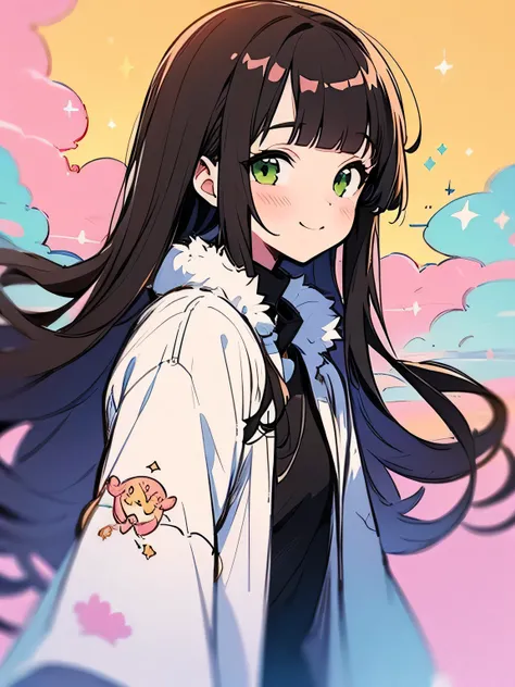 sideview,multiple faces,solo, upperbody, brown long hair, (blunt bangs), green eyes, white fur coat, black tights, boots, lovers atmosphere, blush, model pose,winter sky, night sky, stars, cute smile,aurora,(i am a main charactor:1.3), (manga style), (sket...