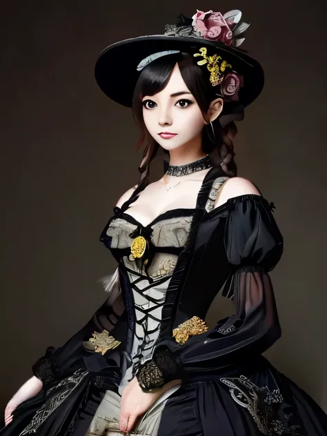  a woman in a black dress and hat, an anime drawing by Yang J, pixiv, rococo, victorian gothic lolita fashion, victorian lady, an elegant gothic princess, rococo fashion, fantasy victorian art, rococo queen, rococo cyberpunk, wearing an ornate outfit, orna...