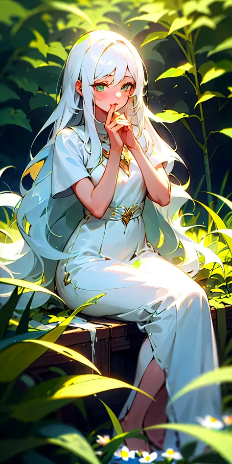 (  masterpiece ,  best quality ),  a girl with long white hair sitting on a field of green plants and flowers, her hand under her chin ,  warm lighting ,   white dress  ,  blurry foreground  * having sex *